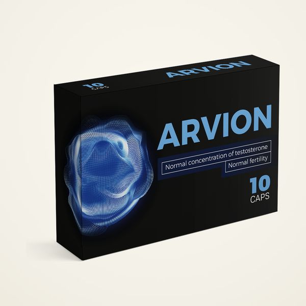 Fekete Arvion+ doboz, 10 kapszula, a címkén a normál tesztoszteronszintre és termékenységre utaló felirat