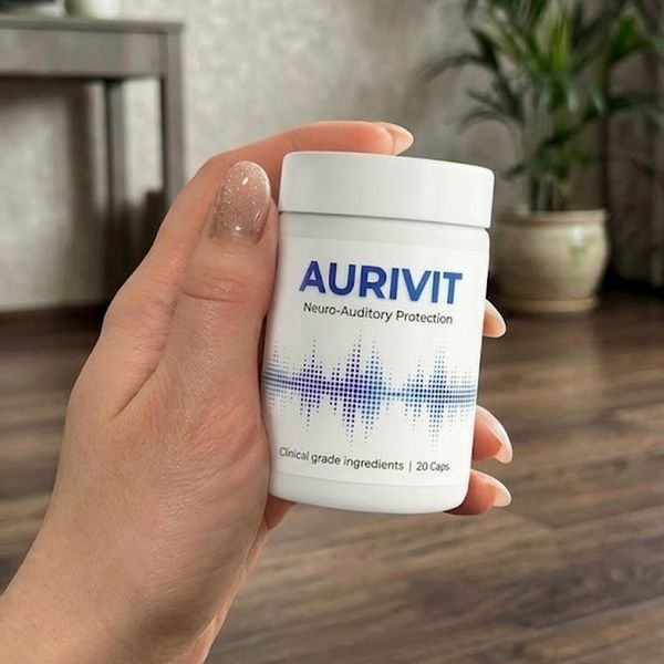 Fehér Aurivit üveg, a címkén az Aurivit név, 20 kapszula és hallástámogató felirat