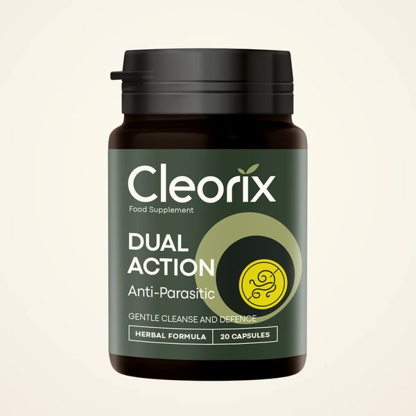 Sötét Cleorix flakon, a címkén növényi formula felirat, 20 kapszula