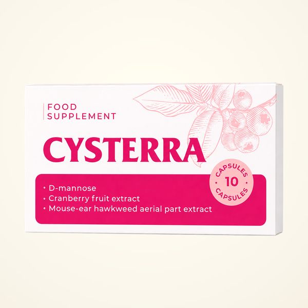 Fehér-rózsaszín Cysterra doboz, a címkén D-mannóz, tőzegáfonya és 10 kapszula felirat, mellette buborékfólia