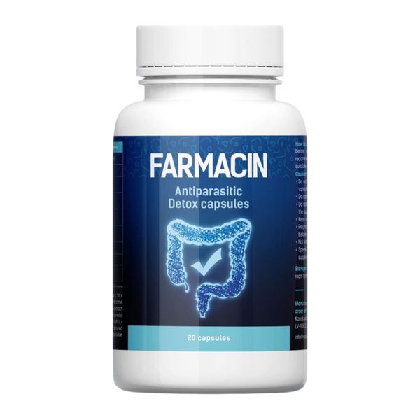 Fehér Farmacin flakon, a címkén Farmacin felirat, 20 kapszula