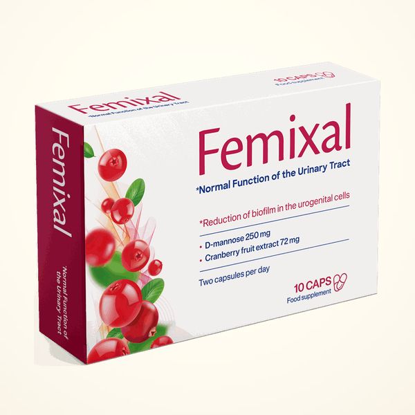 Femixal doboz, a címkén 10 kapszula, D-mannóz 250 mg és tőzegáfonya 72 mg felirat