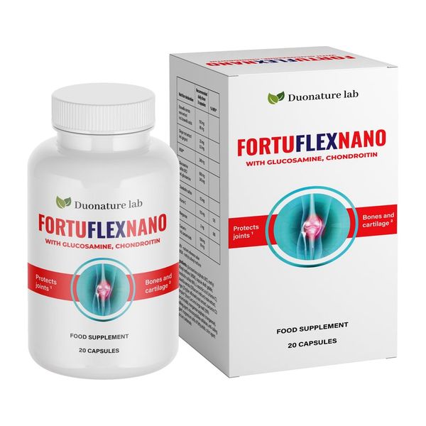 Duonature FortuflexNano flakon és doboz, 20 kapszula, glükózamin és kondroitin felirattal