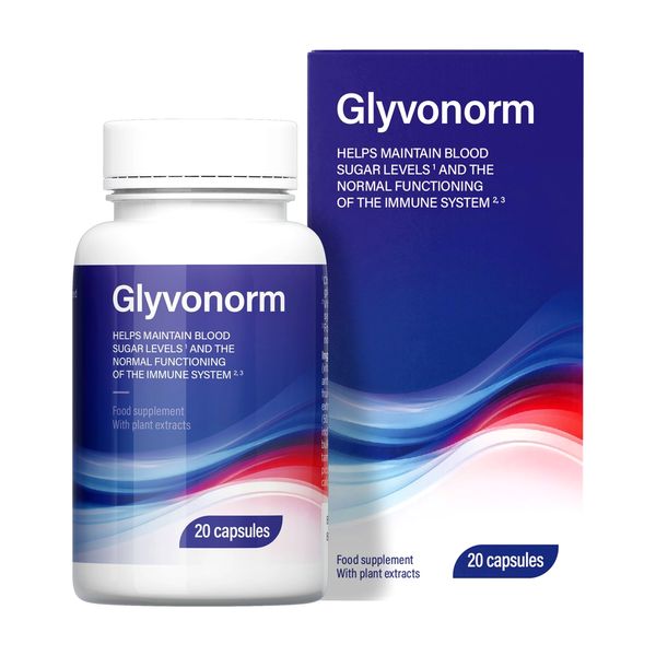 Glyvonorm üveg és doboz, 20 kapszula, a címkén vércukorszintre és immunműködésre utaló szöveg