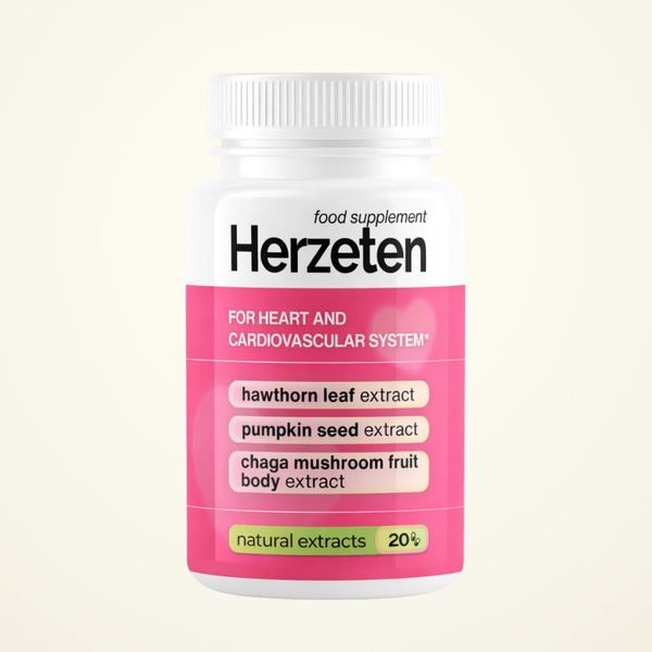 Fehér Herzeten flakon rózsaszín címkével, szívre és érrendszerre utaló felirattal