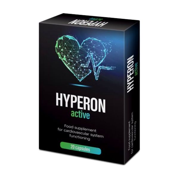 Fekete Hyperon Active doboz, 20 kapszula, a keringési rendszer működését említő felirattal