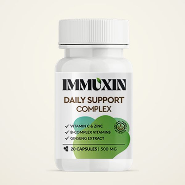 Fehér Immuxin Daily Support flakon zöld címkével, 20 kapszula