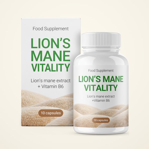 Fehér Lion's Mane Vitality doboz és flakon, 10 kapszula, süngomba-kivonat és B6-vitamin felirattal