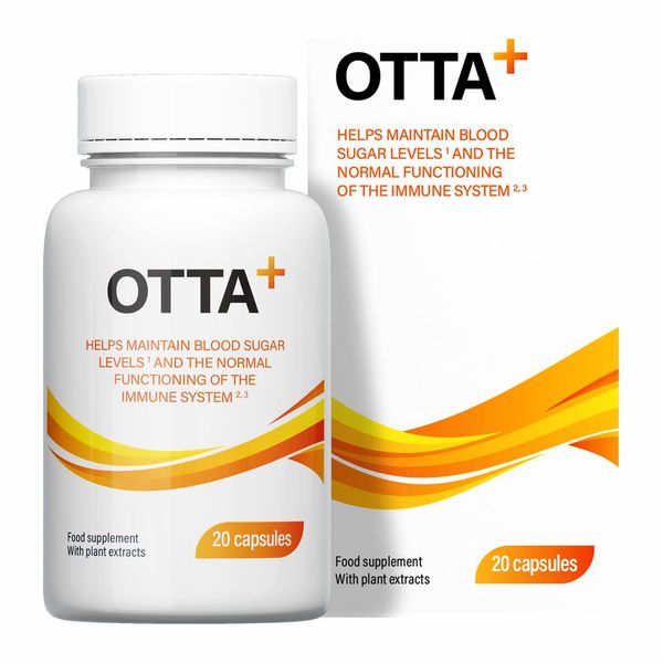 Otta+ üveg és doboz, 20 kapszula, a címkén króm, C-vitamin és folsav összetevő-felsorolás