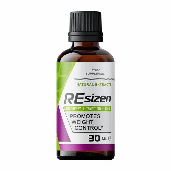 30 ml-es Resizen cseppentős üveg, természetes kivonatokat és a testsúlykontrollt említő címkével