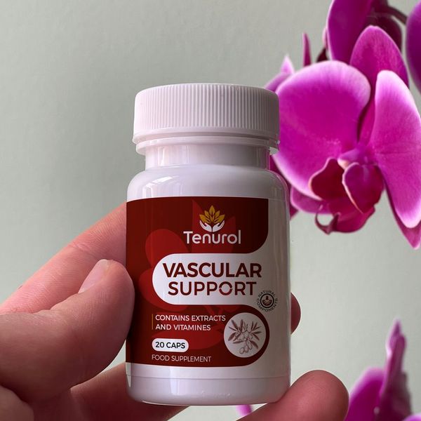 Fehér Tenurol flakon piros címkével, 20 kapszula, Vascular support felirat