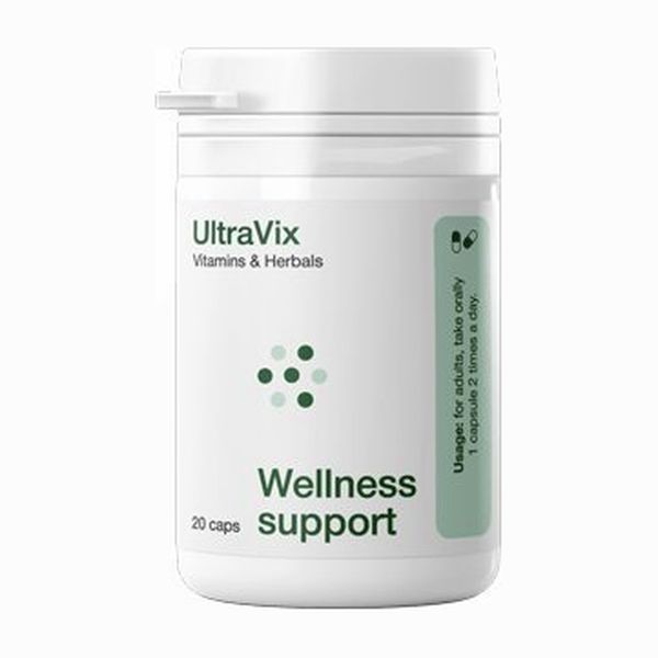 UltraVix fehér flakon, címkén Vitamins and Herbals, Wellness support felirat, 20 kapszula