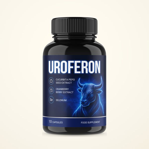 Uroferon étrend-kiegészítő doboz, 10 zselatinkapszula, a címkén a növényi összetevők felsorolásával