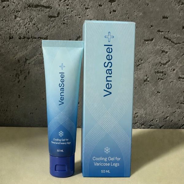 50 ml-es VenaSeel gélt tartalmazó tubus és doboz, a címkén hűsítő gél fáradt, nehéz lábakra felirat