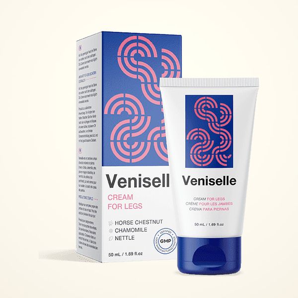 50 ml-es Veniselle lábkrémes tubus és doboz, a címkén vadgesztenye, kamilla, csalán felirat
