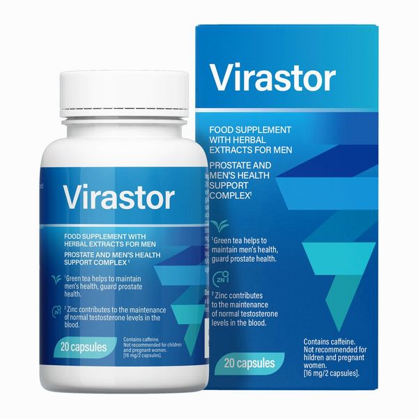 Virastor doboz és üveg, 20 kapszula, férfiaknak szánt komplex felirattal