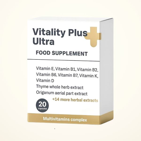 Vitality Plus Ultra doboz, 20 kapszula, multivitamin-komplex felirat, E, B1, B2, B6, B7, K, D vitaminok