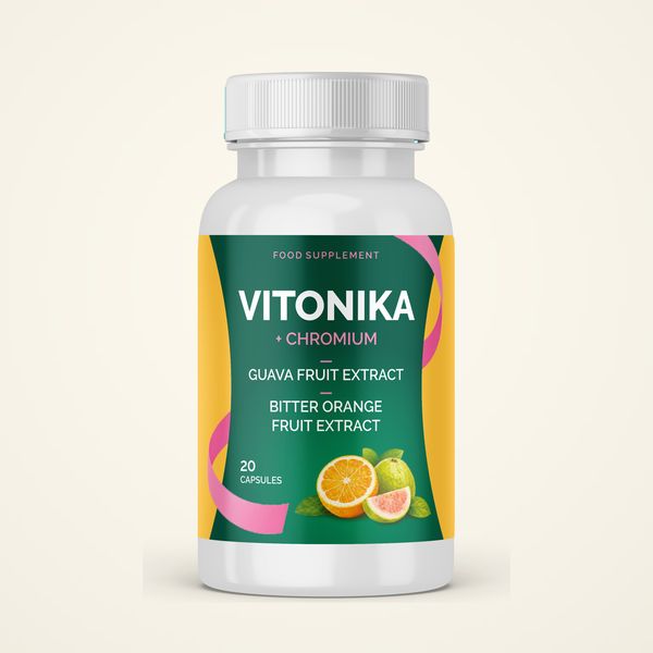 Zöld-sárga Vitonika doboz és flakon, 20 kapszula, guava- és keserűnarancs-kivonat felirattal